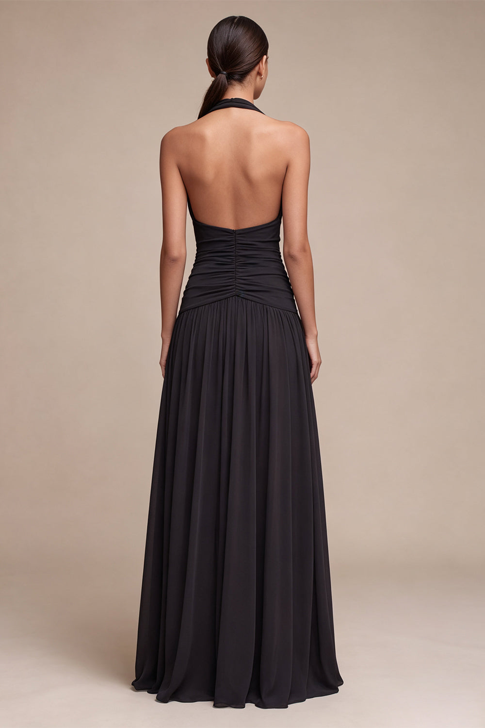Black A Line Pleated Halter Chiffon Long Formal Dress