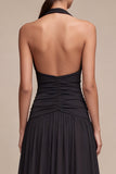 Black A Line Pleated Halter Chiffon Long Formal Dress