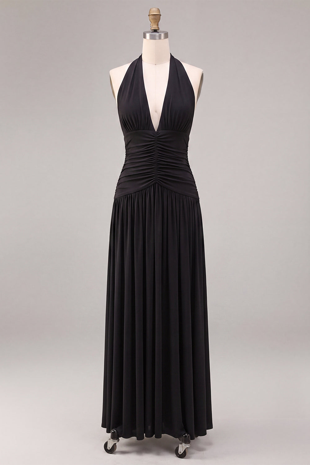 Black A Line Pleated Halter Chiffon Long Formal Dress