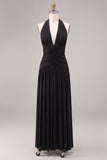 Black A Line Pleated Halter Chiffon Long Formal Dress