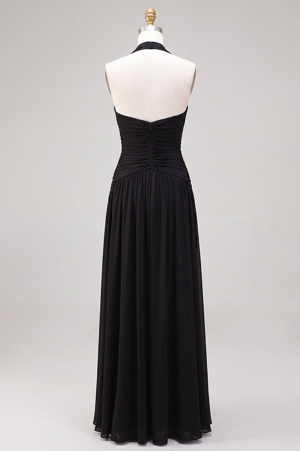 Black A Line Pleated Halter Chiffon Long Formal Dress