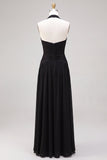Black A Line Pleated Halter Chiffon Long Formal Dress