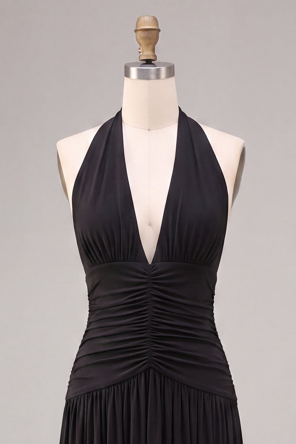 Black A Line Pleated Halter Chiffon Long Formal Dress