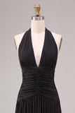 Black A Line Pleated Halter Chiffon Long Formal Dress