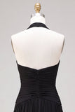 Black A Line Pleated Halter Chiffon Long Formal Dress