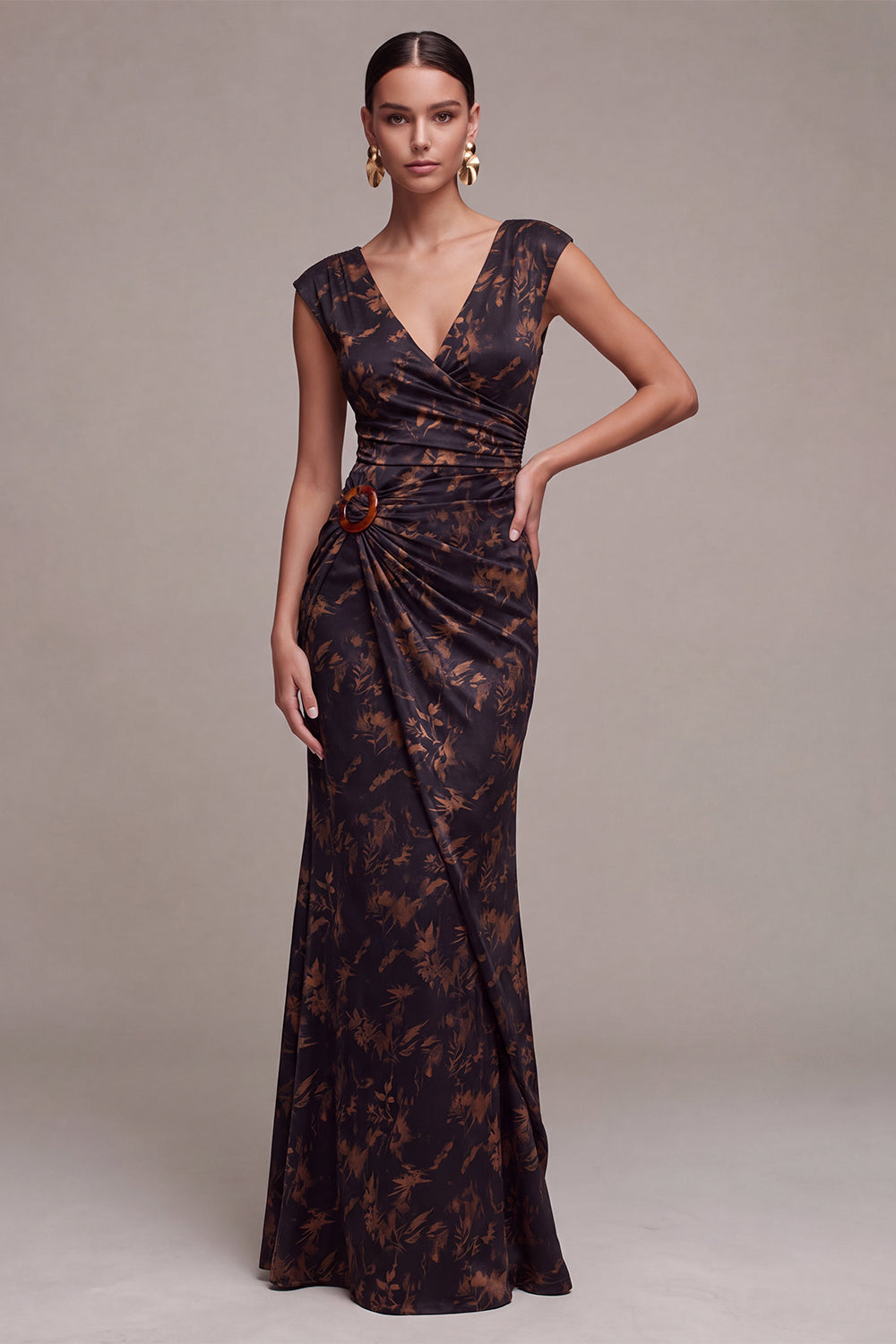 Black Floral Mermaid Ruched V-Neck Long Formal Dress