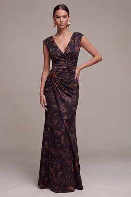 Black Floral Mermaid Ruched V-Neck Long Formal Dress