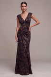 Black Floral Mermaid Ruched V-Neck Long Formal Dress
