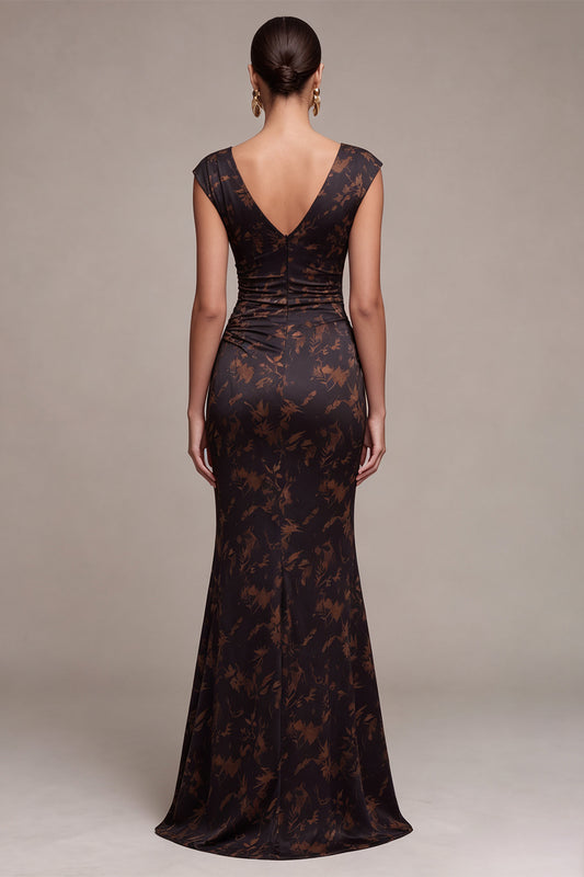 Black Floral Mermaid Ruched V-Neck Long Formal Dress