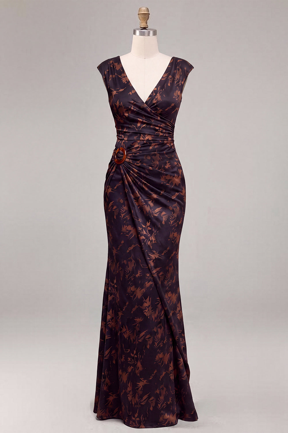 Black Floral Mermaid Ruched V-Neck Long Formal Dress
