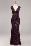 Black Floral Mermaid Ruched V-Neck Long Formal Dress