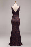 Black Floral Mermaid Ruched V-Neck Long Formal Dress