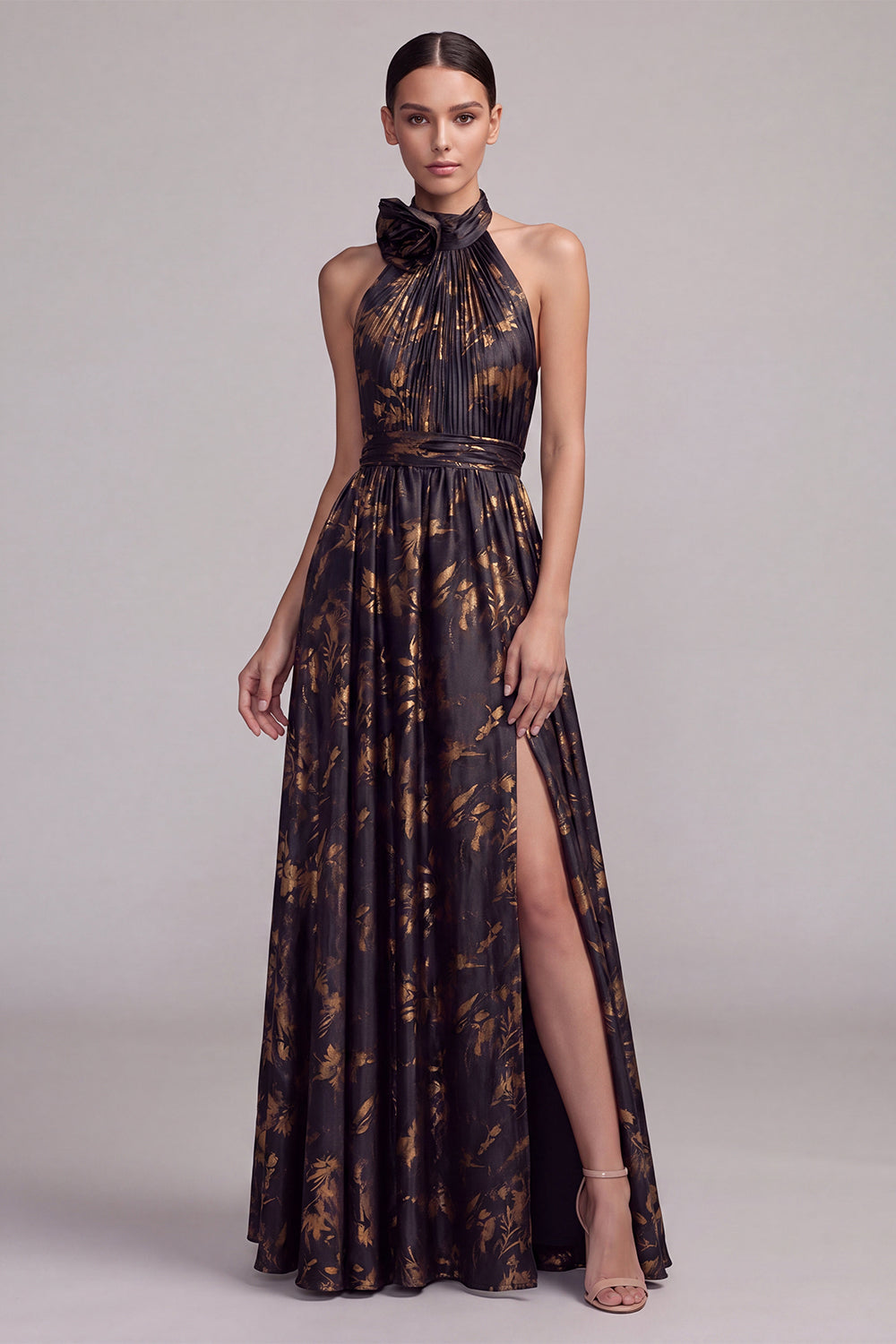 Floral Black Halter A Line Pleated Long Formal Dress with Slit