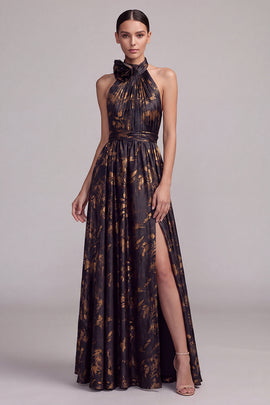 Floral Black Halter A Line Pleated Long Formal Dress with Slit
