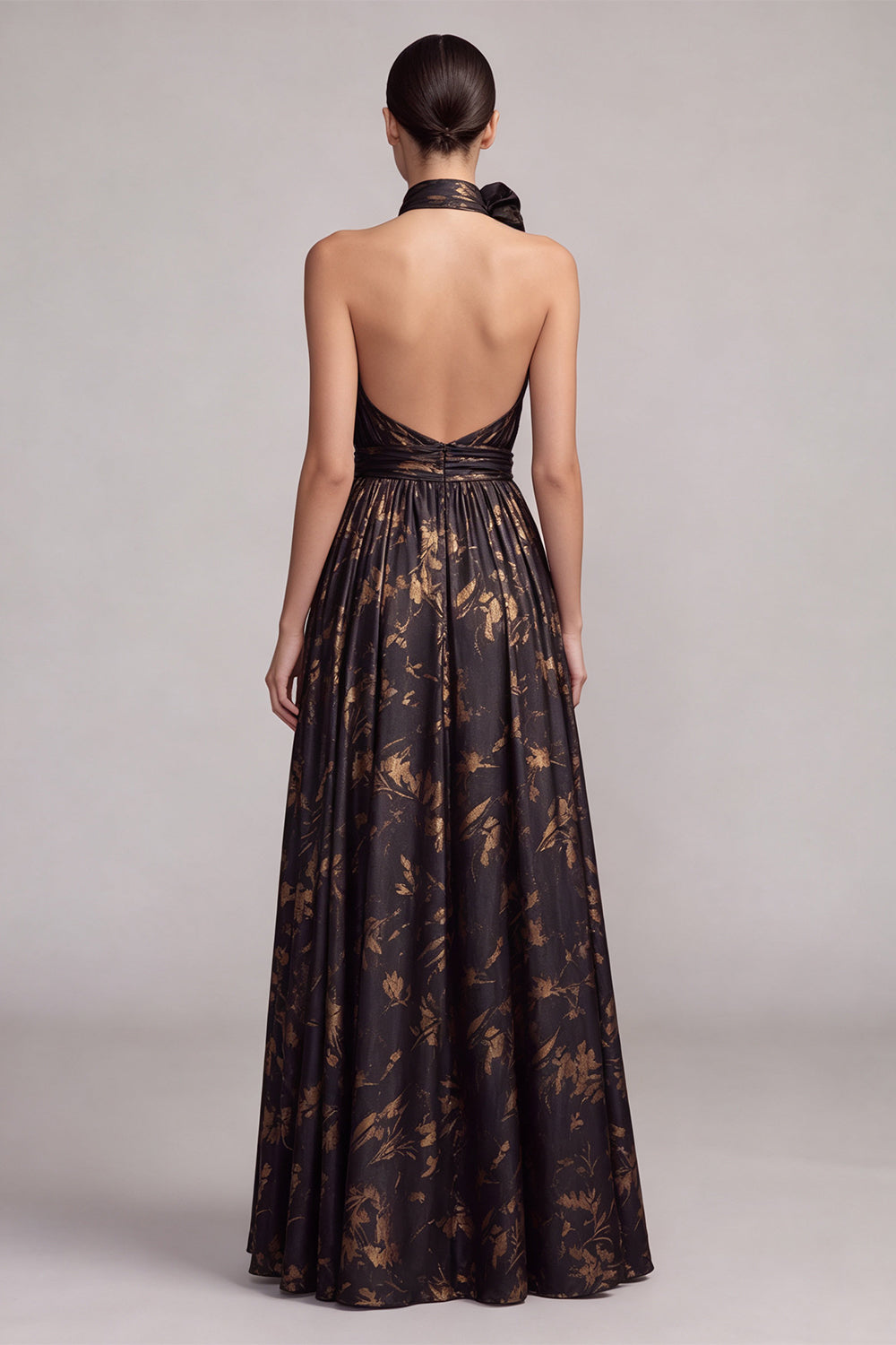 Floral Black Halter A Line Pleated Long Formal Dress with Slit