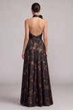 Floral Black Halter A Line Pleated Long Formal Dress with Slit