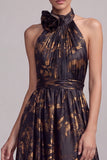 Floral Black Halter A Line Pleated Long Formal Dress with Slit