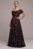 A Line Black Floral Off the Shoulder Pleated Long Formal Dress