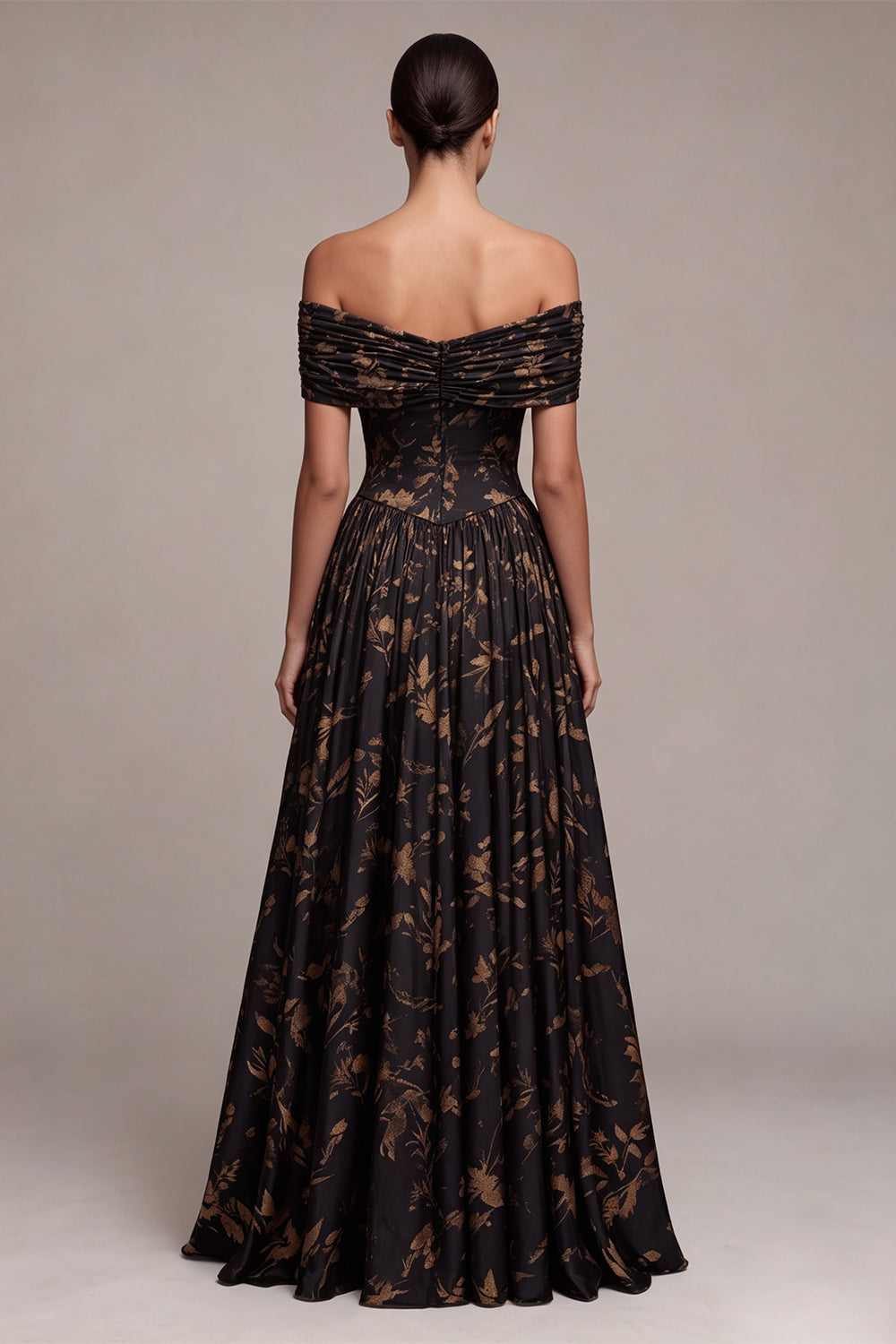 A Line Black Floral Off the Shoulder Pleated Long Formal Dress