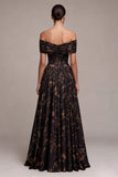 A Line Black Floral Off the Shoulder Pleated Long Formal Dress