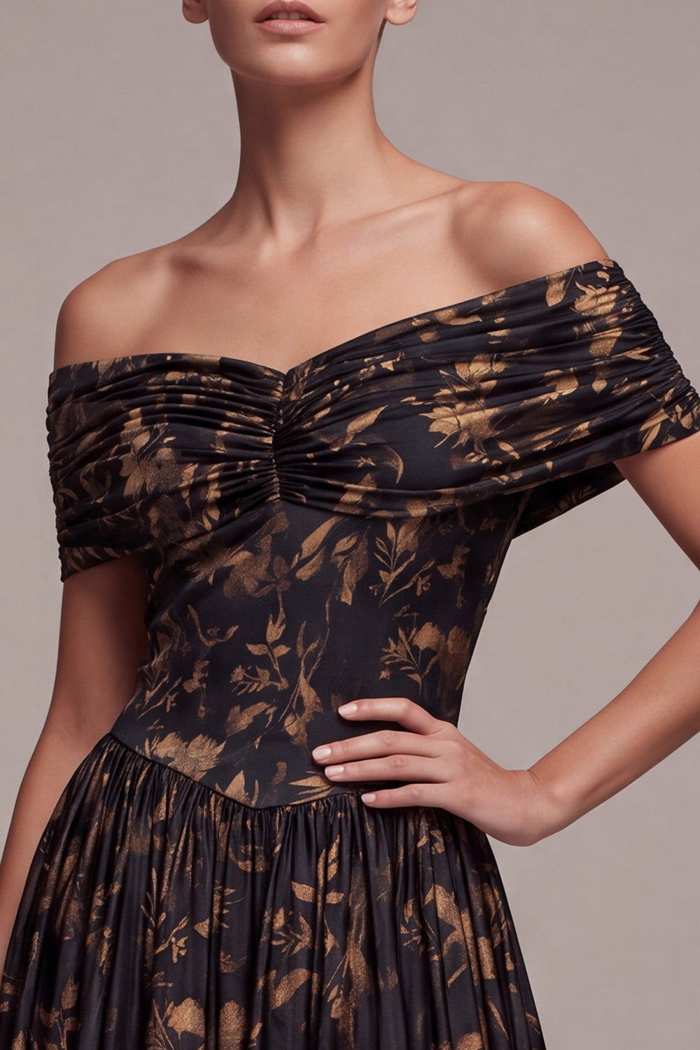 A Line Black Floral Off the Shoulder Pleated Long Formal Dress