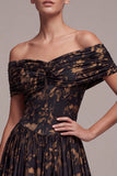 A Line Black Floral Off the Shoulder Pleated Long Formal Dress