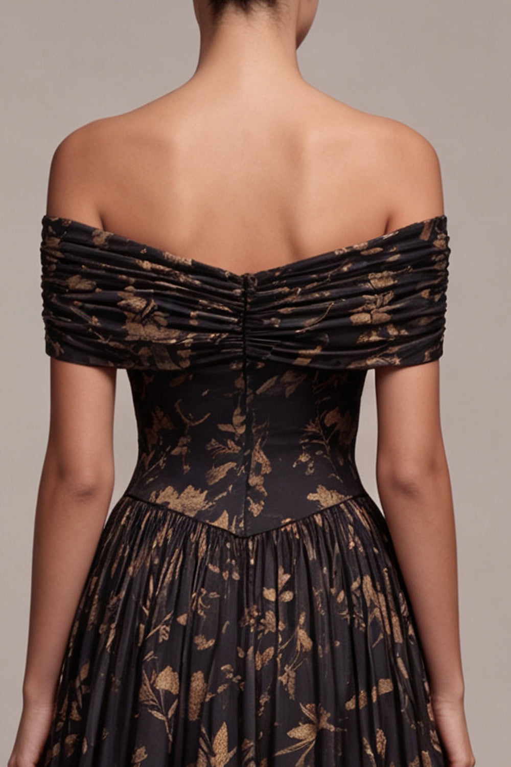 A Line Black Floral Off the Shoulder Pleated Long Formal Dress