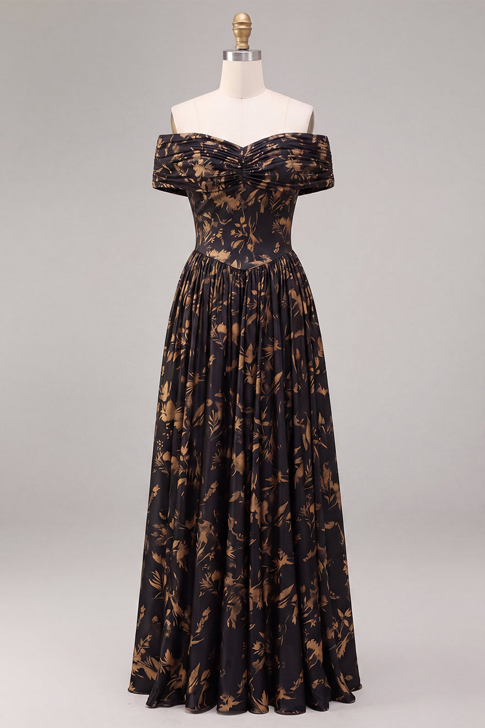 A Line Black Floral Off the Shoulder Pleated Long Formal Dress
