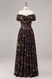 A Line Black Floral Off the Shoulder Pleated Long Formal Dress