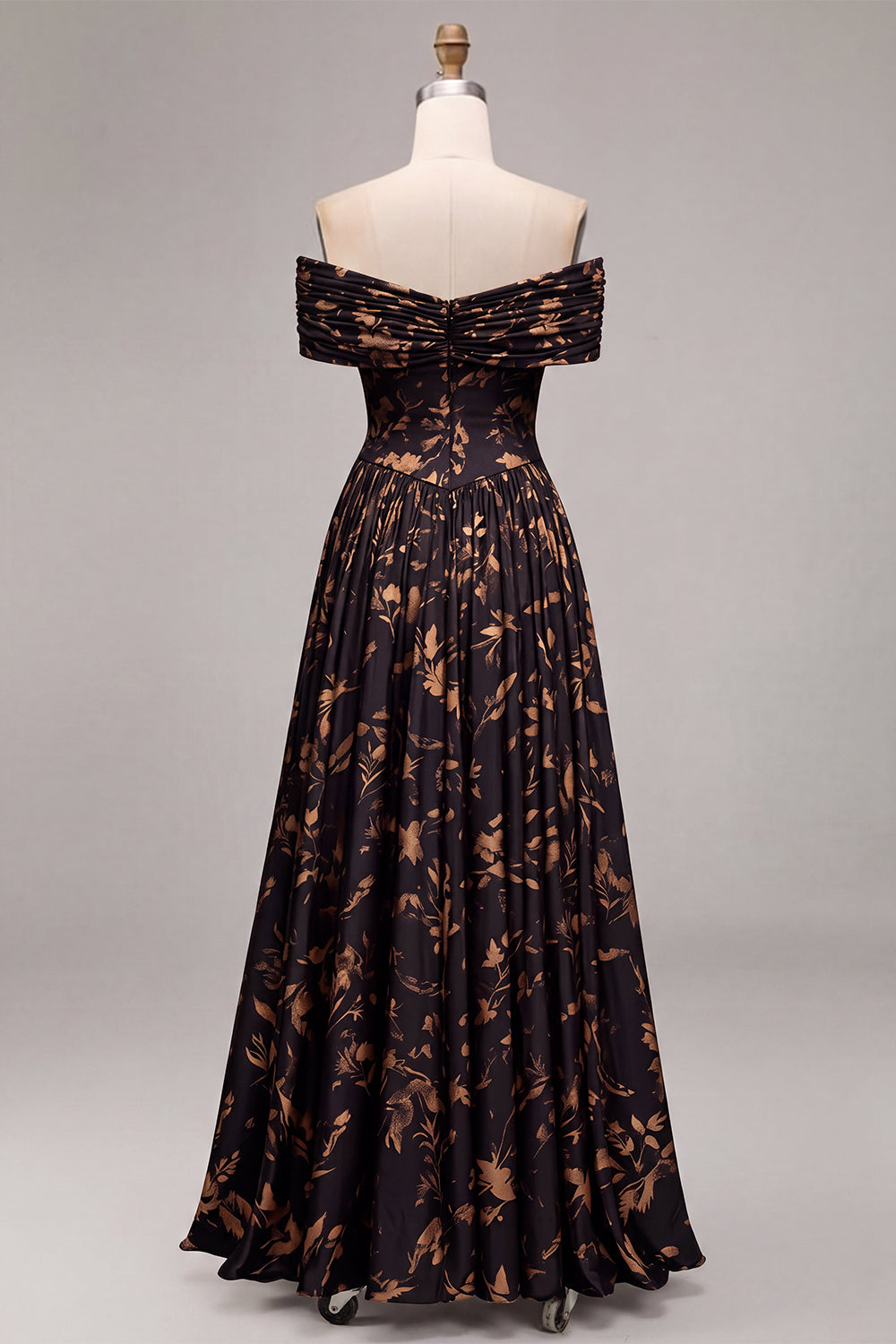 A Line Black Floral Off the Shoulder Pleated Long Formal Dress