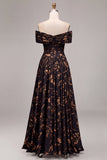 A Line Black Floral Off the Shoulder Pleated Long Formal Dress