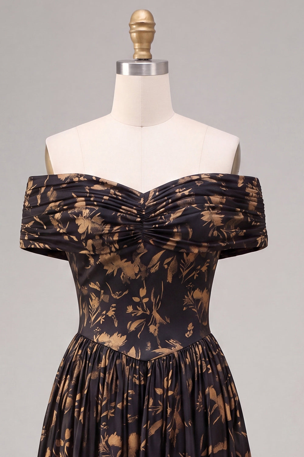 A Line Black Floral Off the Shoulder Pleated Long Formal Dress