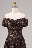 A Line Black Floral Off the Shoulder Pleated Long Formal Dress