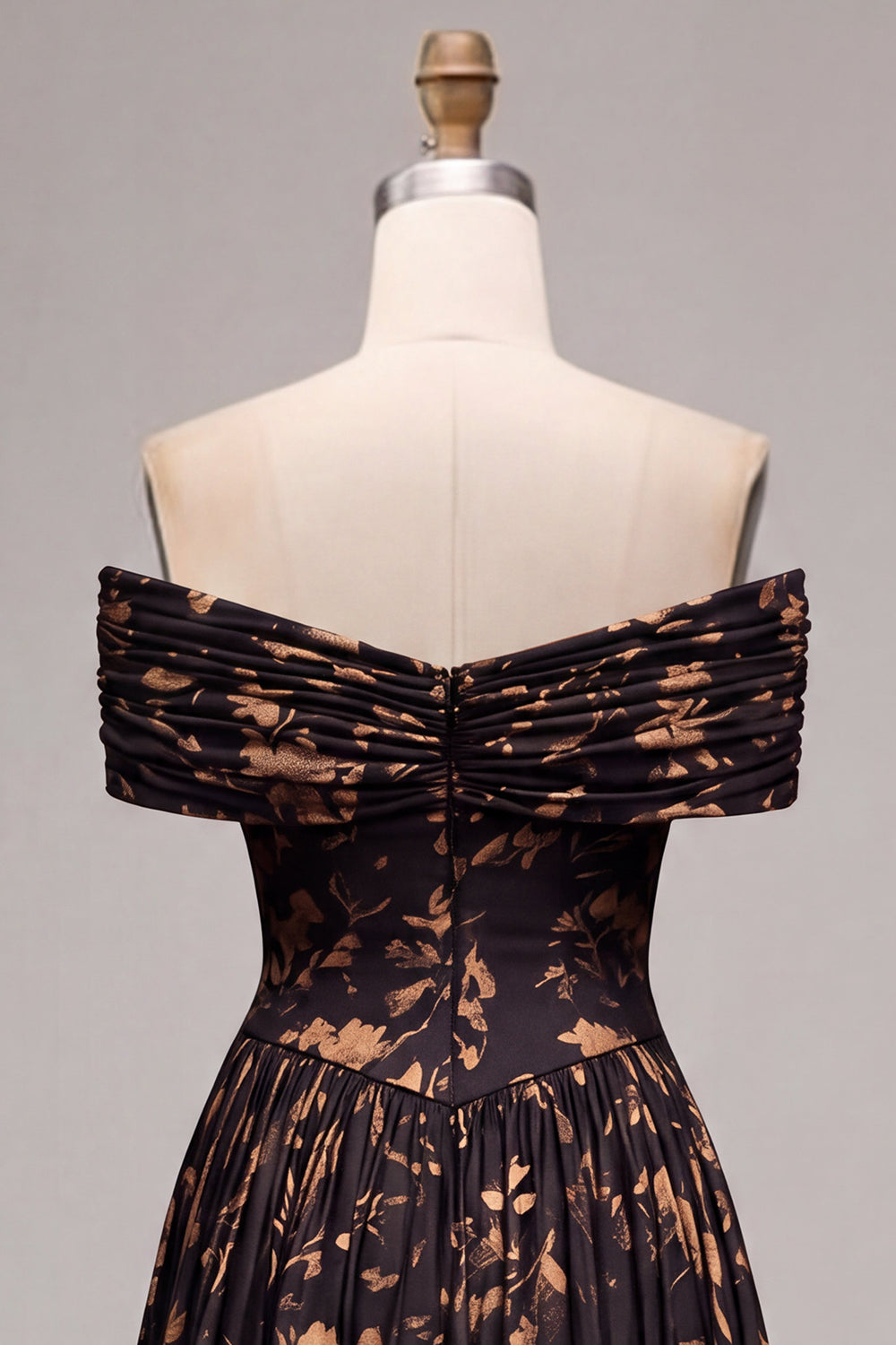 A Line Black Floral Off the Shoulder Pleated Long Formal Dress
