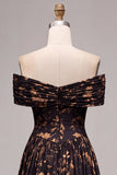 A Line Black Floral Off the Shoulder Pleated Long Formal Dress