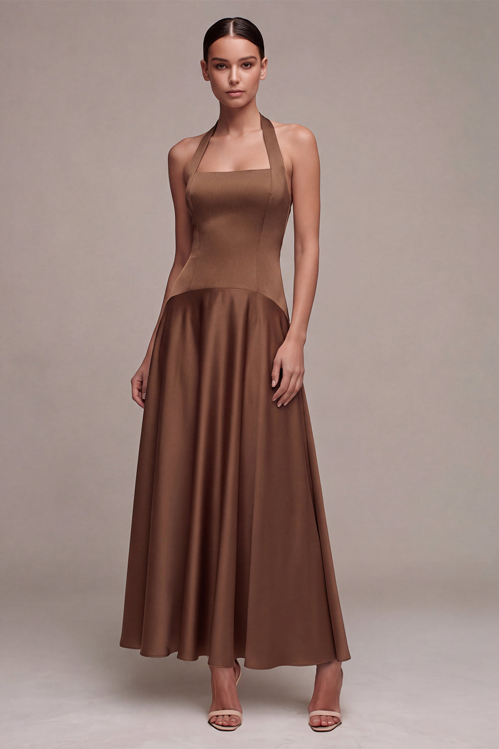 A Line Coffee Satin Simple Halter Long Formal Dress