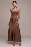 A Line Coffee Satin Simple Halter Long Formal Dress