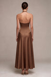 A Line Coffee Satin Simple Halter Long Formal Dress
