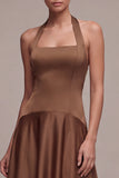 A Line Coffee Satin Simple Halter Long Formal Dress
