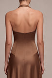 A Line Coffee Satin Simple Halter Long Formal Dress