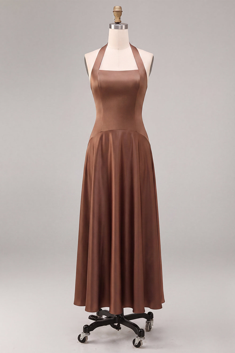 A Line Coffee Satin Simple Halter Long Formal Dress