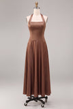 A Line Coffee Satin Simple Halter Long Formal Dress