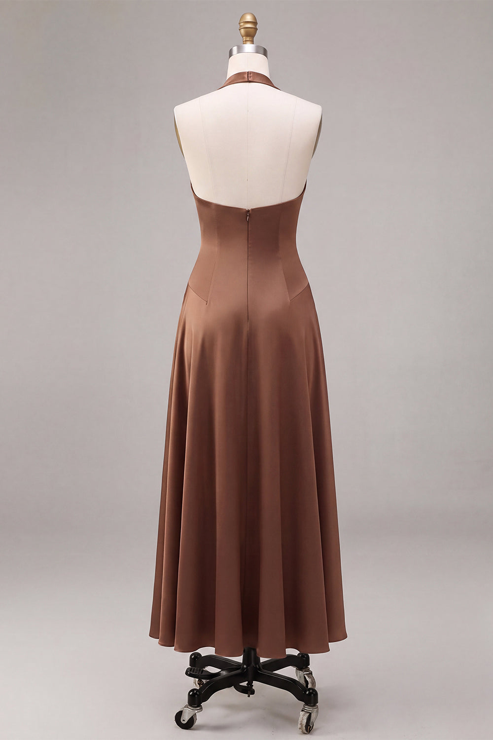 A Line Coffee Satin Simple Halter Long Formal Dress