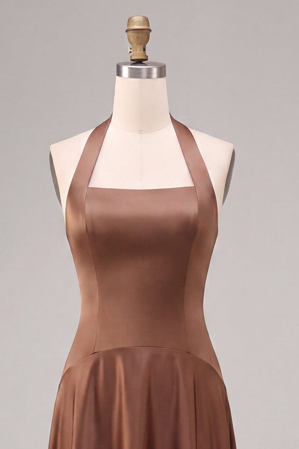 A Line Coffee Satin Simple Halter Long Formal Dress