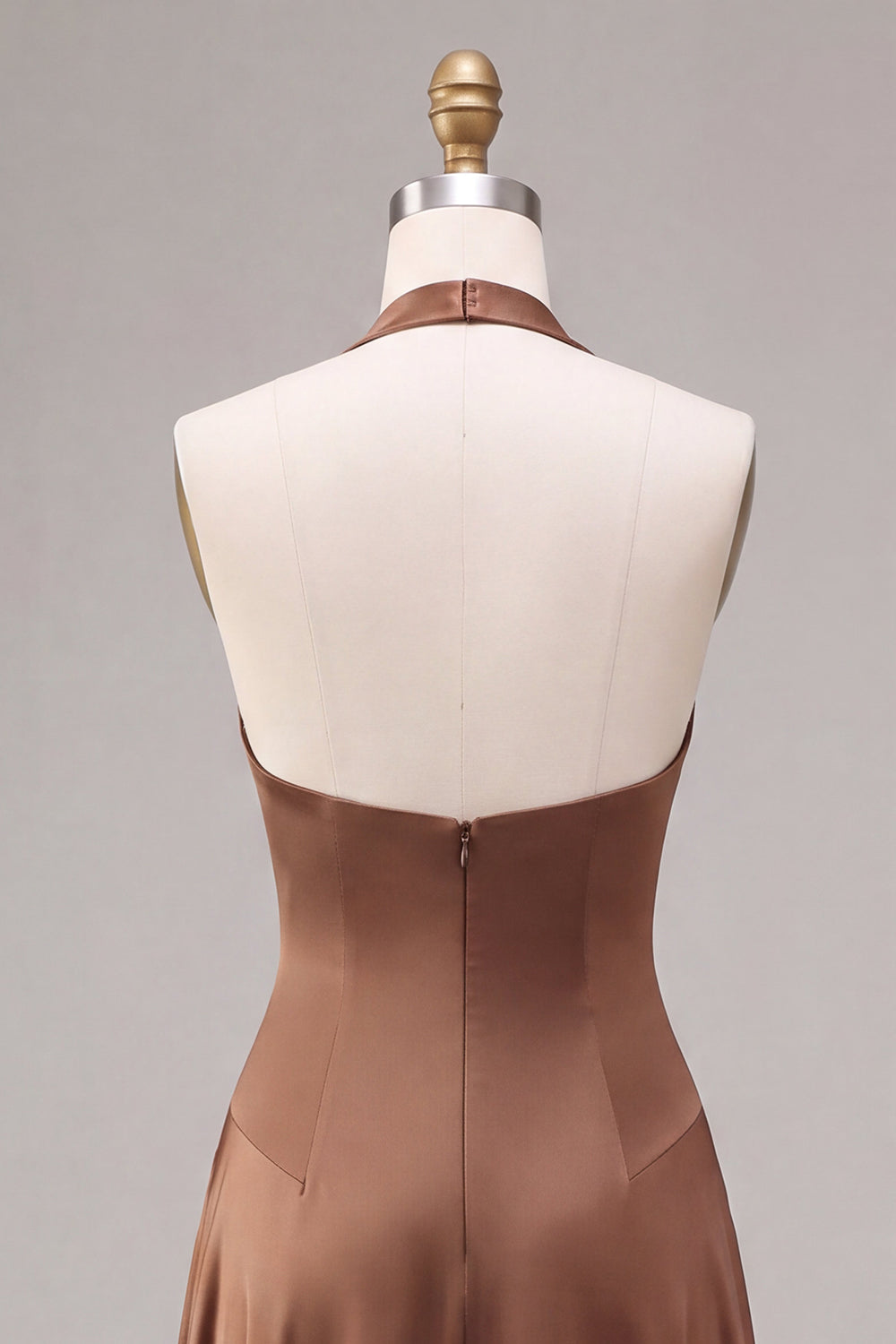 A Line Coffee Satin Simple Halter Long Formal Dress