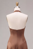A Line Coffee Satin Simple Halter Long Formal Dress