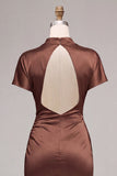 Coffee Satin Mermaid Ruched Long Formal Dress with Sleeves