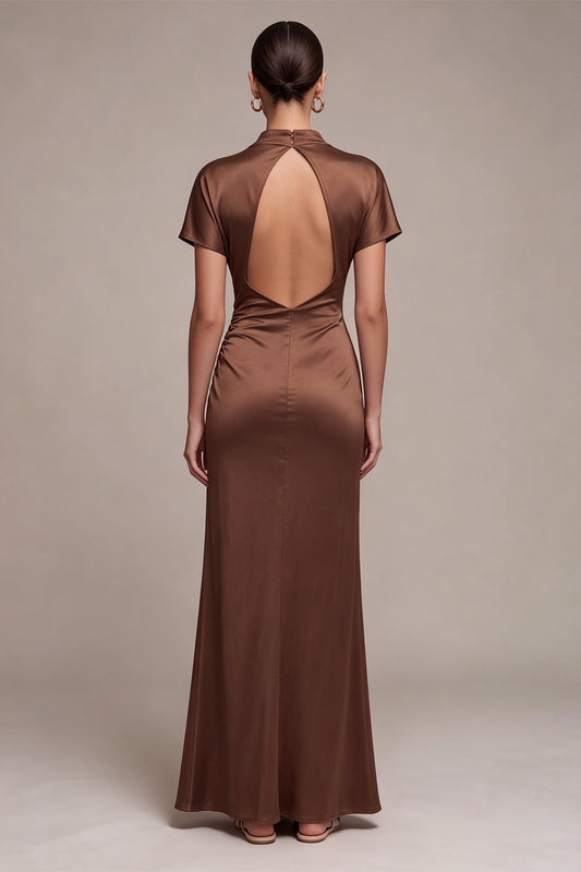 Coffee Satin Mermaid Ruched Long Formal Dress with Sleeves