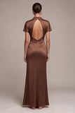 Coffee Satin Mermaid Ruched Long Formal Dress with Sleeves