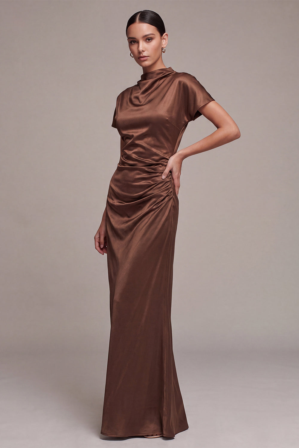 Coffee Satin Mermaid Ruched Long Formal Dress with Sleeves